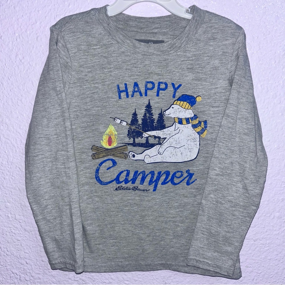 Eddie Bauer Gray "Happy Camper" Long-Sleeve Tee with Polar Bear Graphic